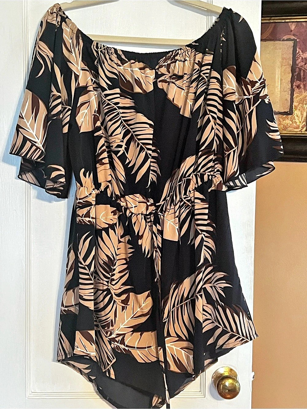 SHEIN VCAY Leaf Print Off Shoulder Romper Black & Brown XL (12)